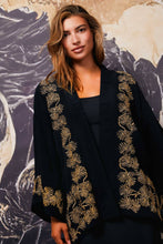 Load image into Gallery viewer, Japanese Pine Needle Embroidered Black and Gold Fully Lined Short Kimono: One Size