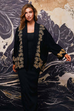 Load image into Gallery viewer, Japanese Pine Needle Embroidered Black and Gold Fully Lined Short Kimono: One Size