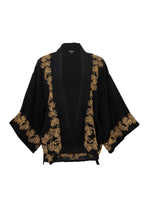 Load image into Gallery viewer, Japanese Pine Needle Embroidered Black and Gold Fully Lined Short Kimono: One Size