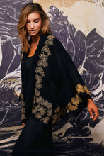 Load image into Gallery viewer, Japanese Pine Needle Embroidered Black and Gold Fully Lined Short Kimono: One Size